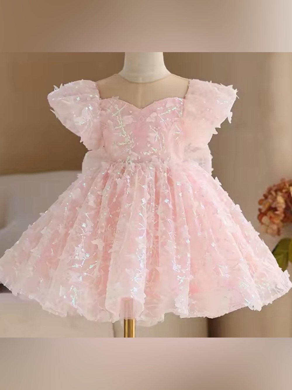 Delicate Pink Sequin Floral Tulle Girls' Formal Dress